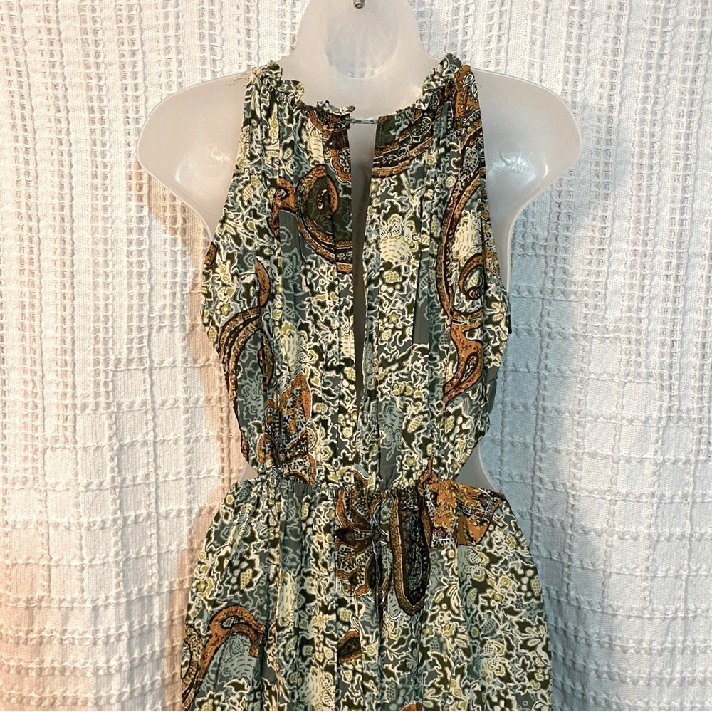 NWOT Zara Green and Gold Paisley Print Cutout Maxi Dress, Size XS - Picture 3 of 5
